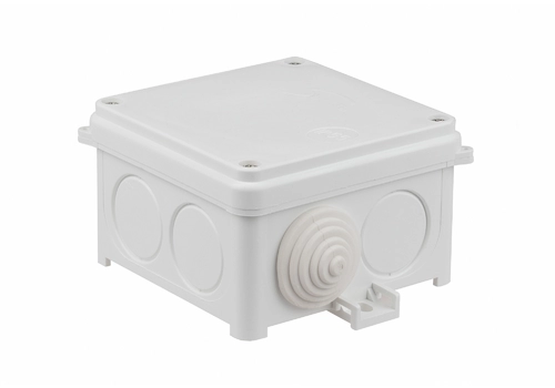 Surface junction box 88 x 88 x 55 mm with grommets, halogen free, self-extinguishing, UV, IP55