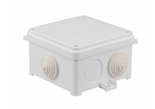 Surface junction box 98 x 98 x 60 mm with grommets, halogen free, self-extinguishing, UV, IP55