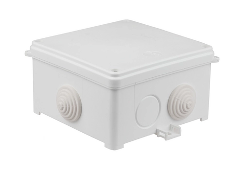 Surface junction box 118 x 118 x 68mm with grommets, halogen free, self-extinguishing, UV, IP55